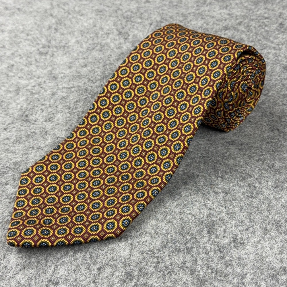 VTG Brooks Brothers Tie Mens Gold Blue Geometric Medallion Silk Makers Y2K Prep